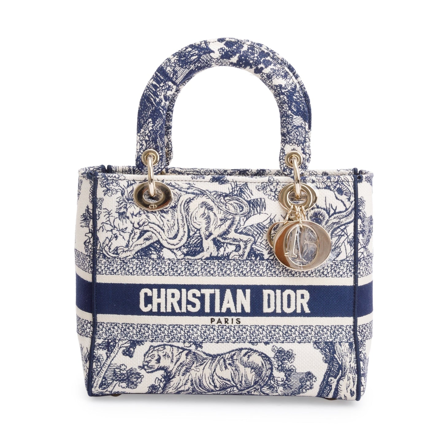 Dior Christian Toile De Jouy Reverse Embroidery Lady Blue Medium Travel Bag