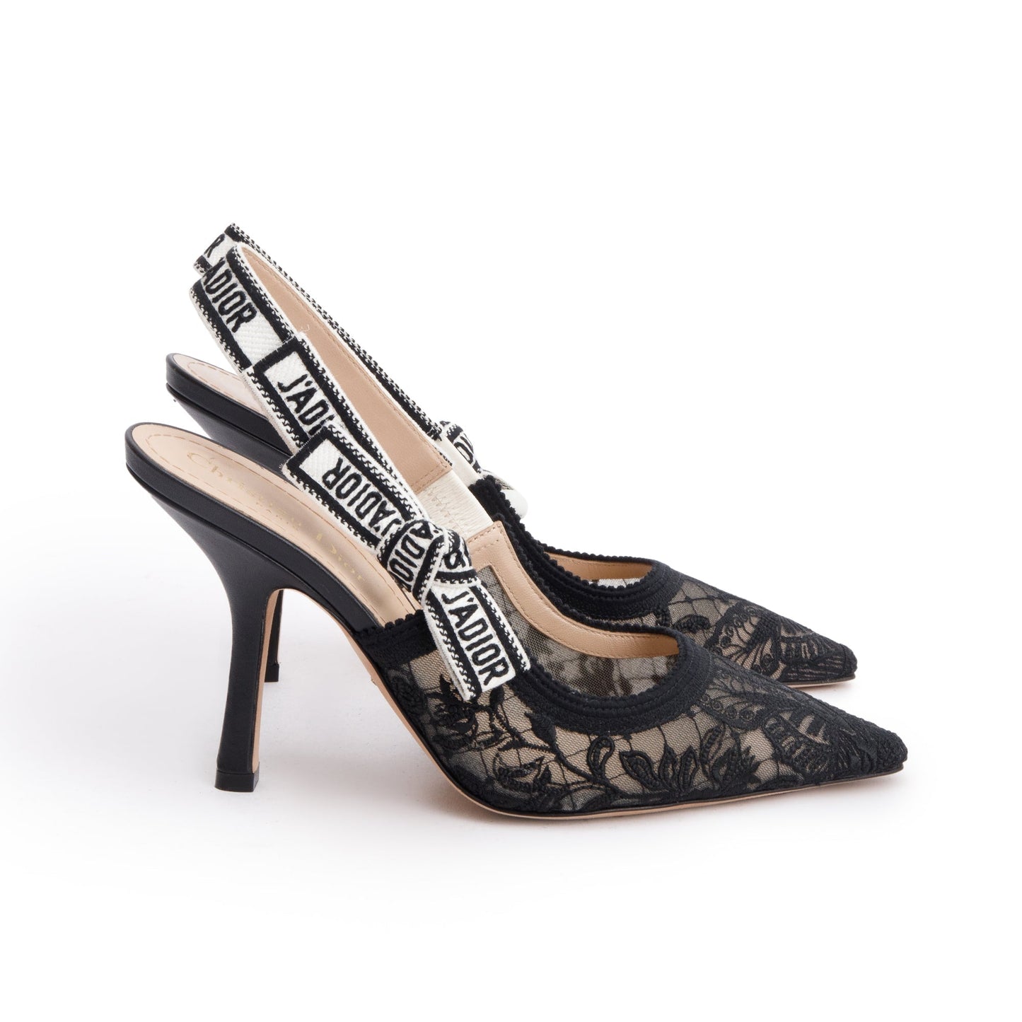 Dior Christian Mesh Chardons Embroidery J'A Slingback Pumps, Black Shoes