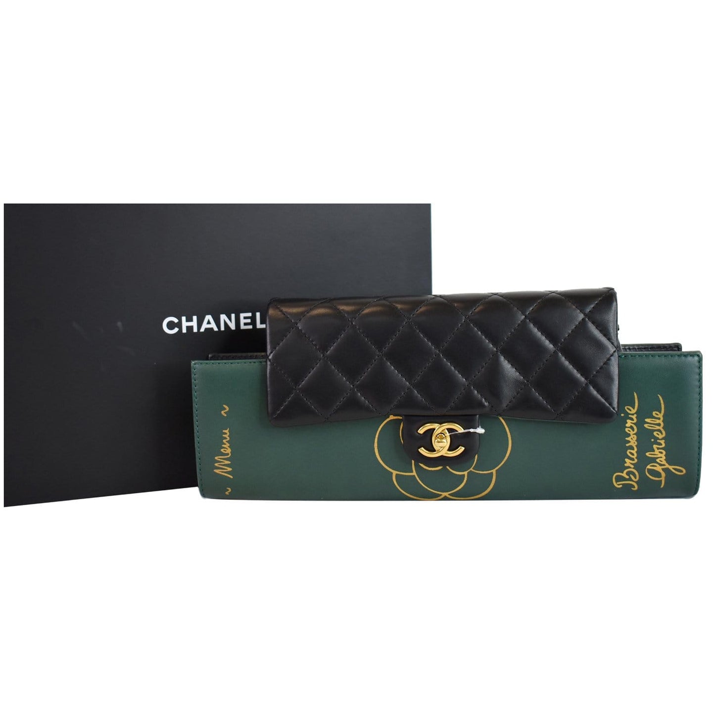 Chanel Gabrielle Brasserie Menu Calfskin Clutch Bag Black Chain