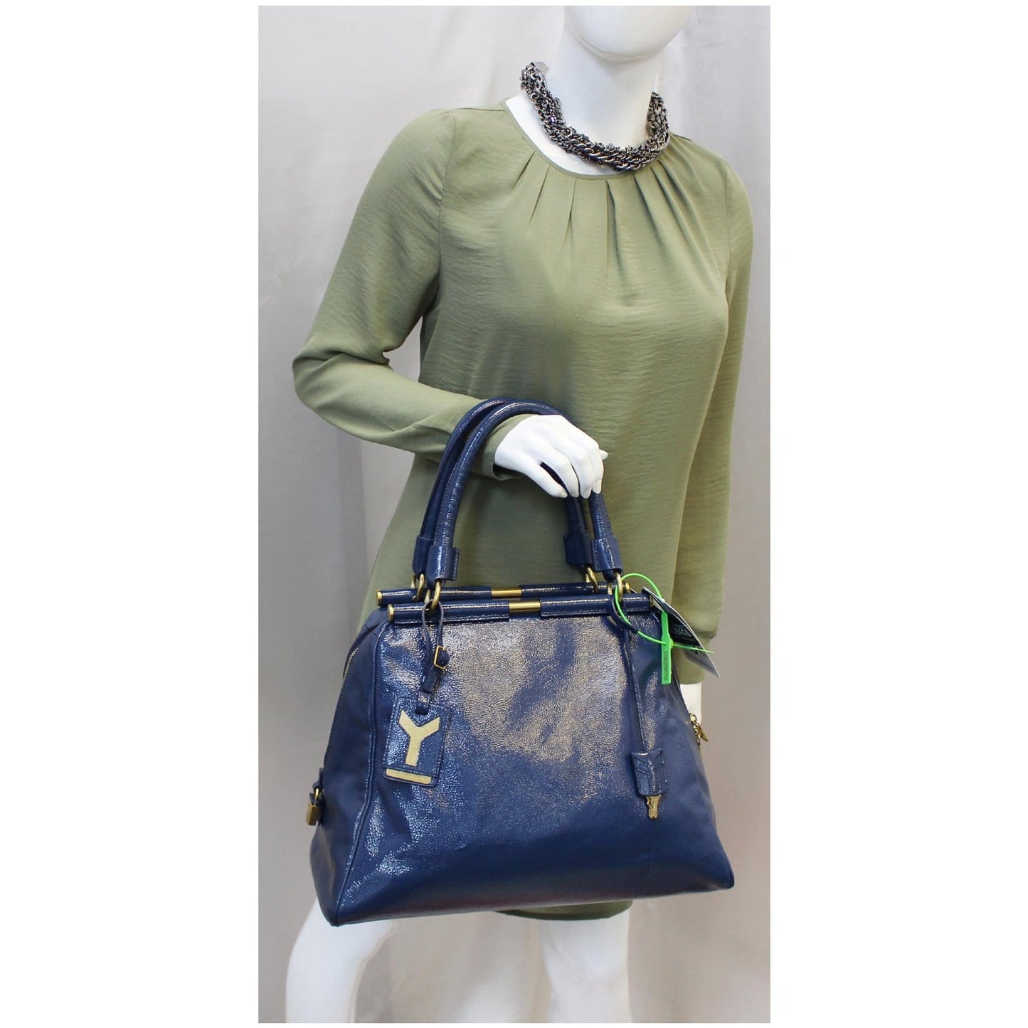 YSL Saint Laurent Saint Majorelle Patent Satchel Bag Leather Blue Travel Bag