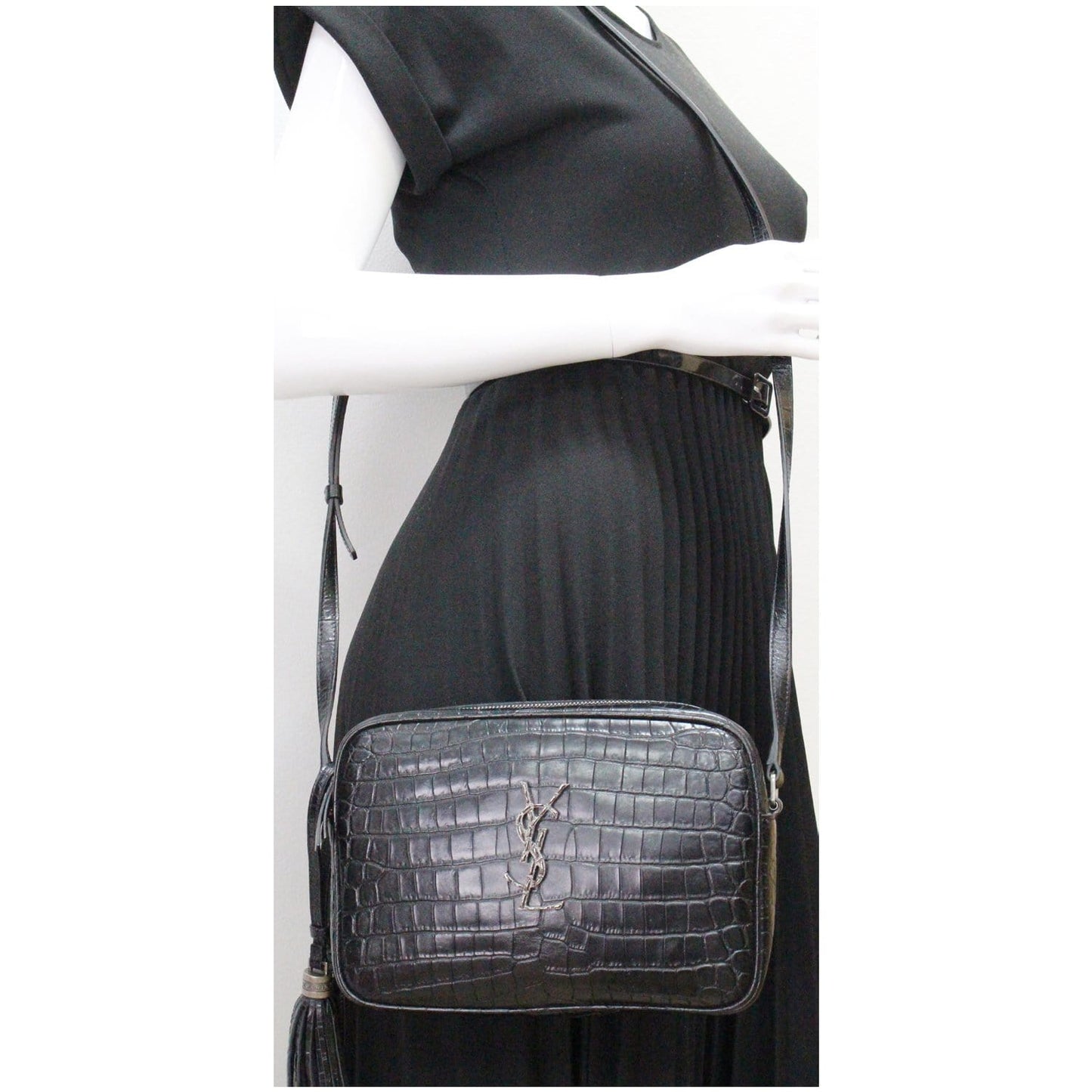 YSL Saint Laurent Saint Lou Crocodile Embossed Camera Crossbody Bag Leather Black