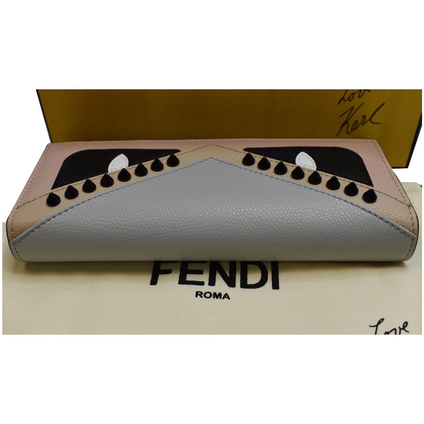 Fendi Monster Studs Bugs Continental Wallet Grey Clutch Leather Clutch Bag