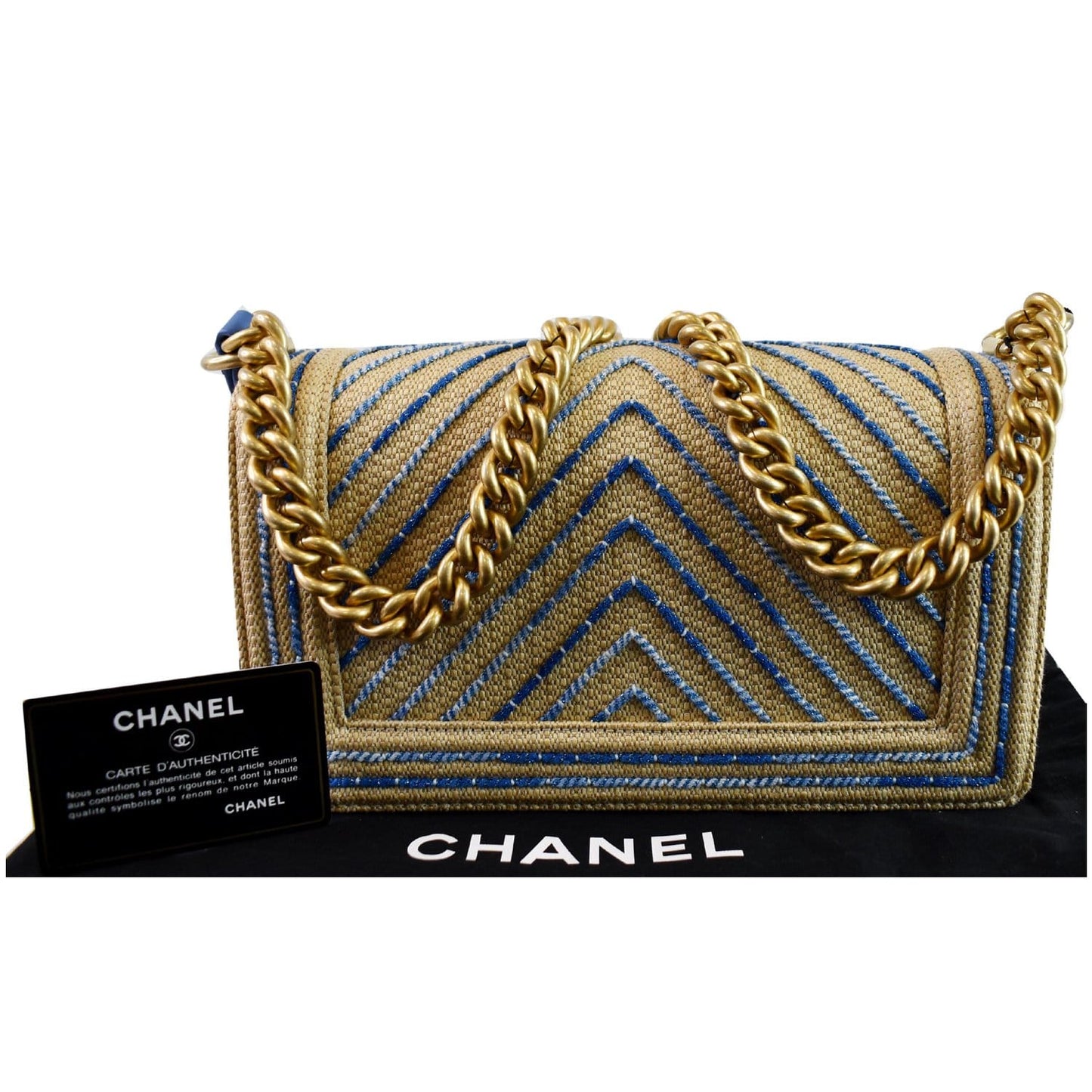Chanel Boy Chevron Cotton Mixed Fibers Shoulder Bag Beige Medium