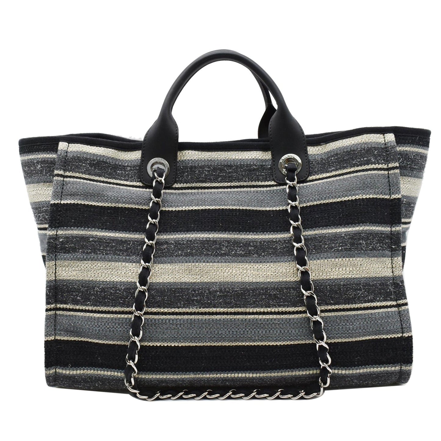 Chanel Deauville Striped Tweed Tote Bag Grey Canvas Black