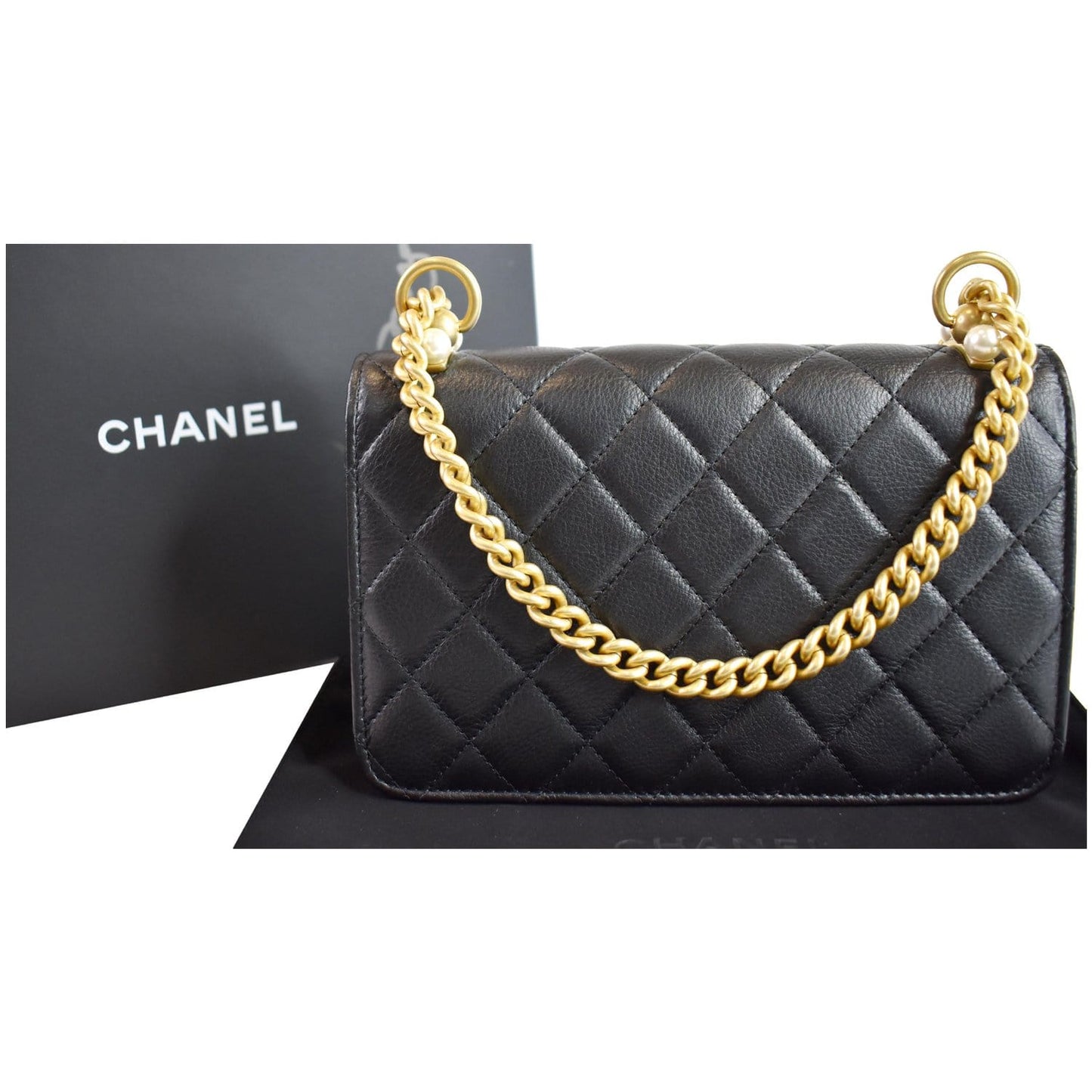 Chanel Pearl Wallet On Crossbody Bag Leather Black