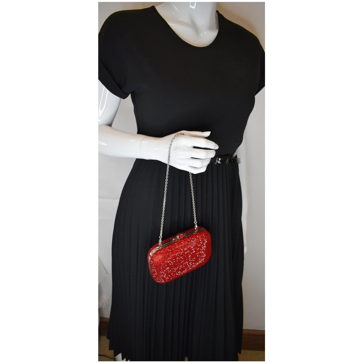 Slide Lock Crystal Clutch Bag Red Chain