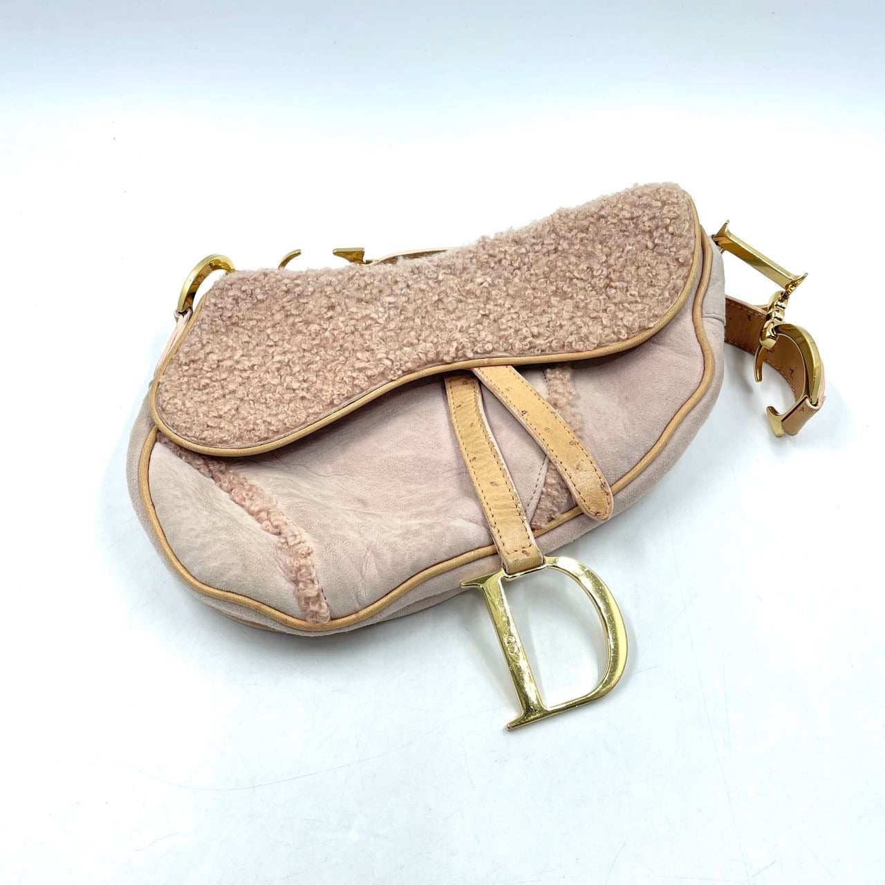 Dior Saddle Shoulder Bag Shearling And Ostrich Leather Pink