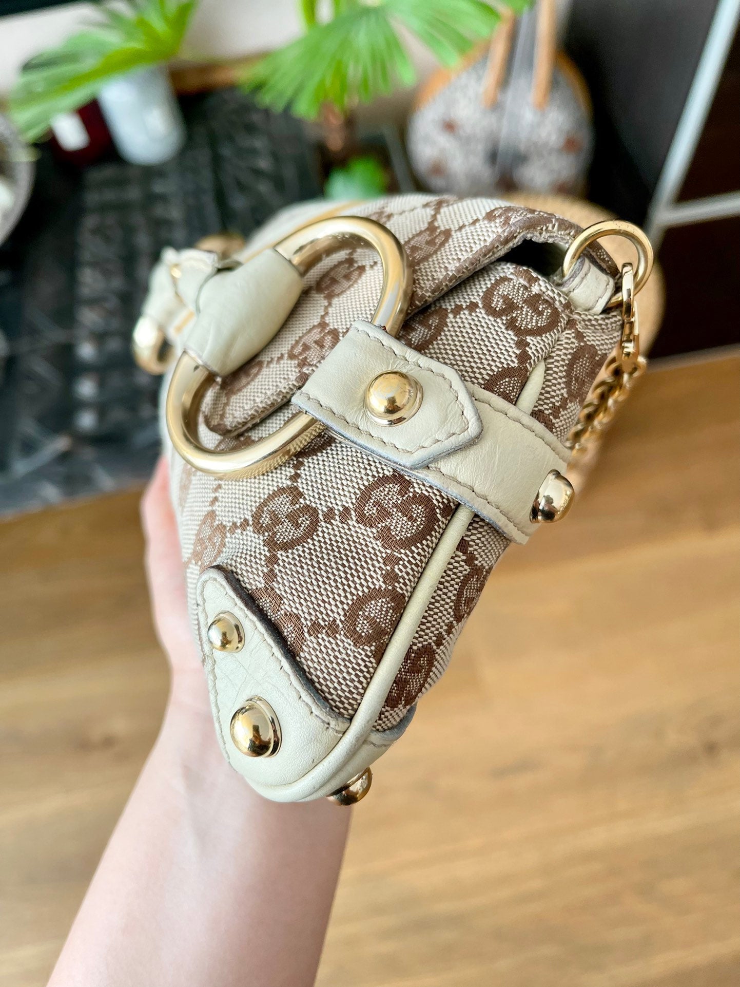 Gucci Horsebit Cloth Yellow Web Shoulder Bag Monogram Beige