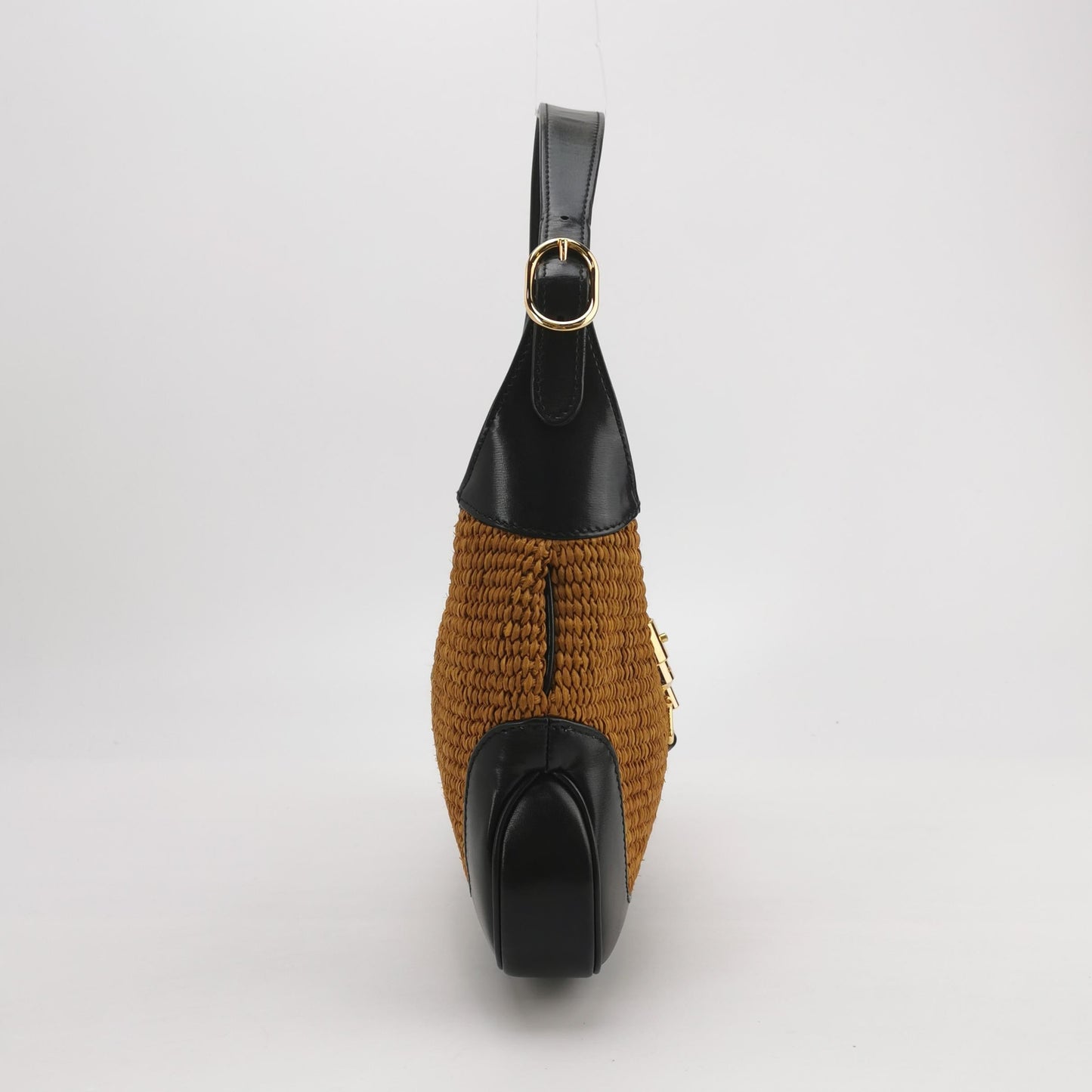Gucci Jackie Camel Wicker Bag Gold Hardware Strap Leather Black Travel Bag