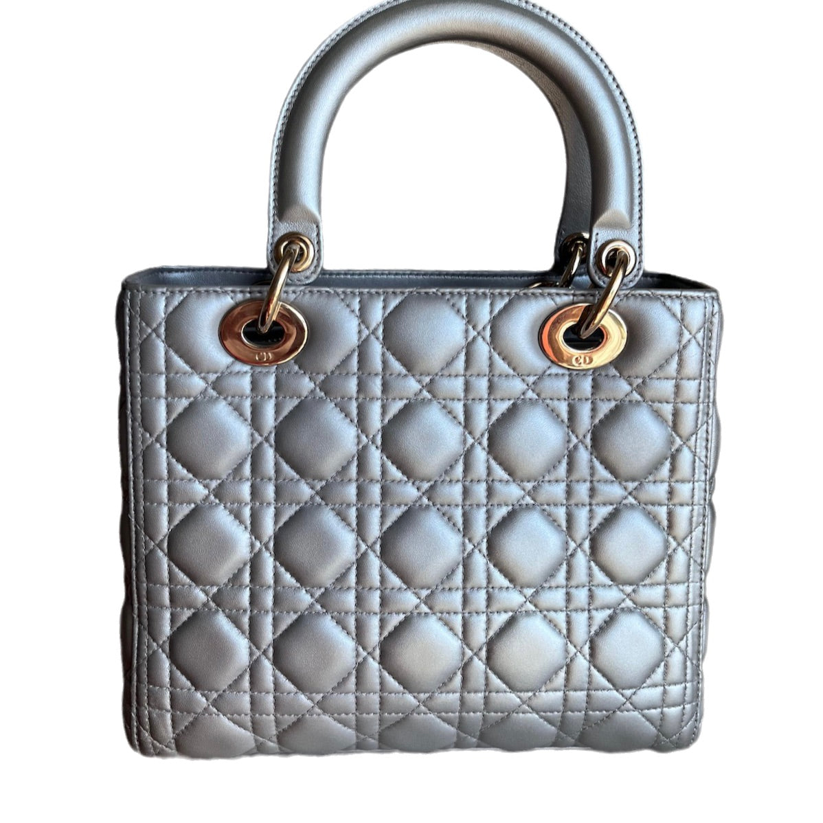Dior Lady Pearlescent Grey Lambskin Cannage Handbag Leather Medium Travel Bag