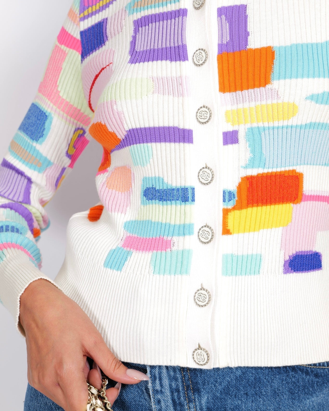 Chanel Spring 2019 White and Multi-Colour Ribbed Cardigan with Silver and White CC Logo Buttons Size FR 38 (UK 10) Apparel
