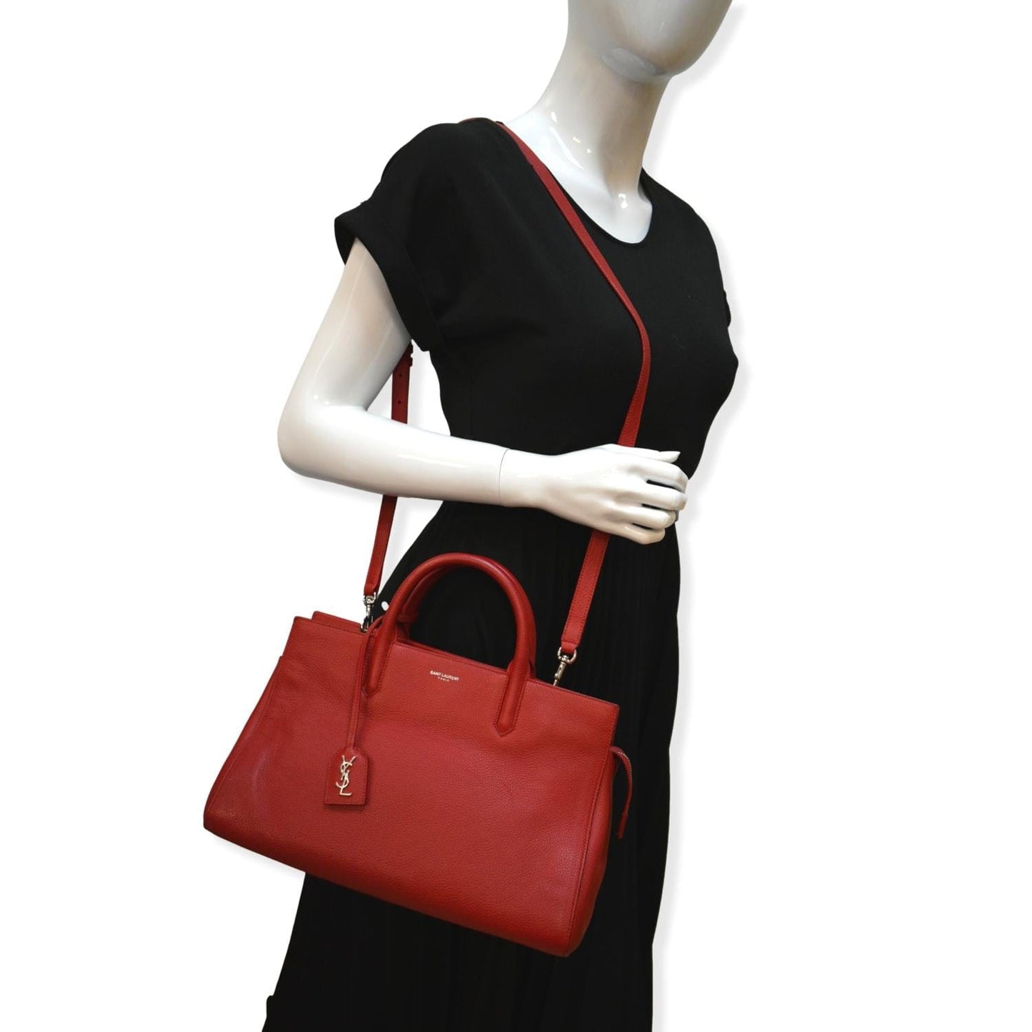 YSL Saint Laurent Saint Cabas Rive Gauche Satchel Bag Leather Red Travel Bag