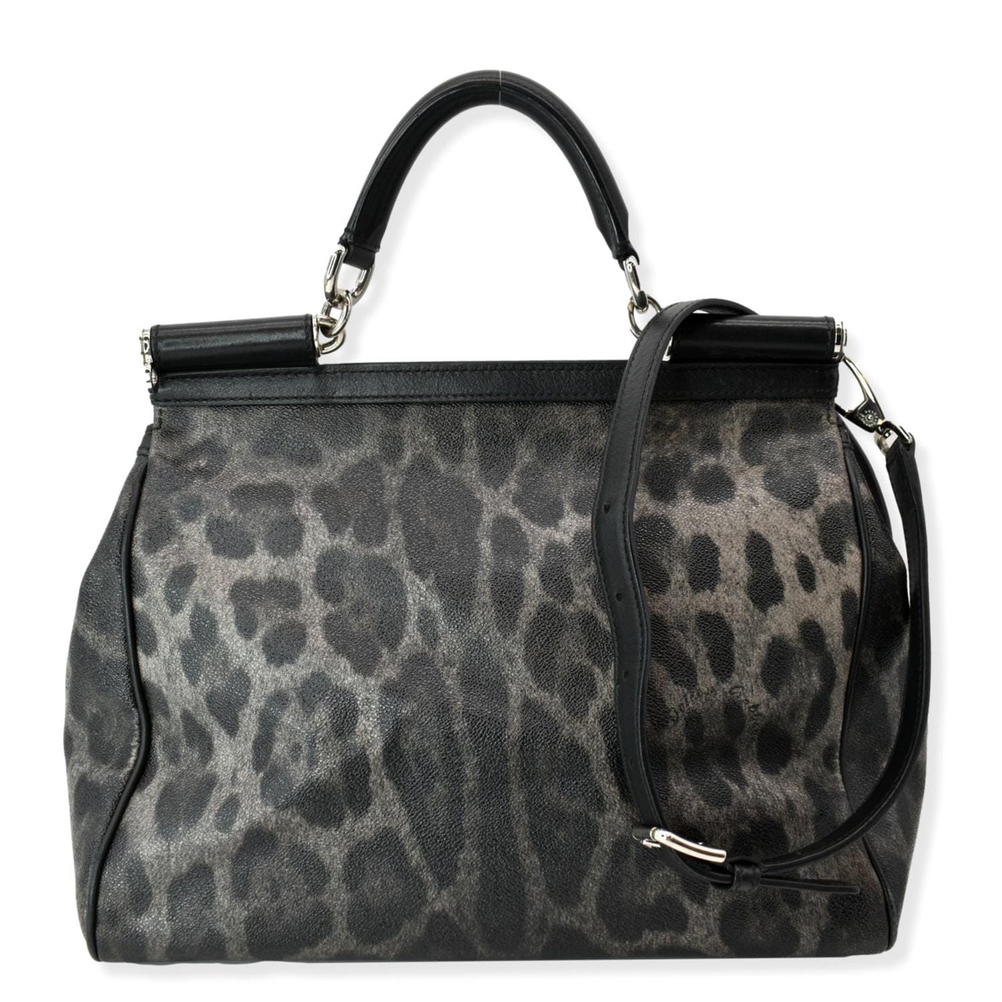 Dolce & Miss Sicily Leopard Print Shoulder Leather Black Shoulder Bag