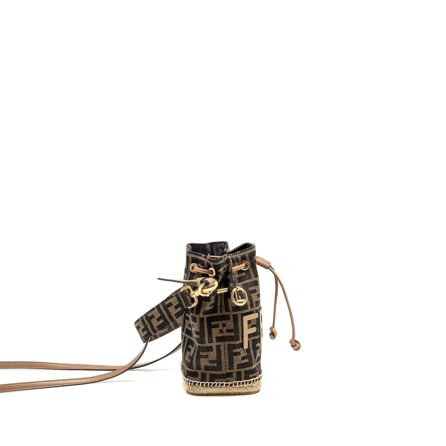 Fendi Tresor Purse Fabric Raffia Brown Bucket Bucket Bag