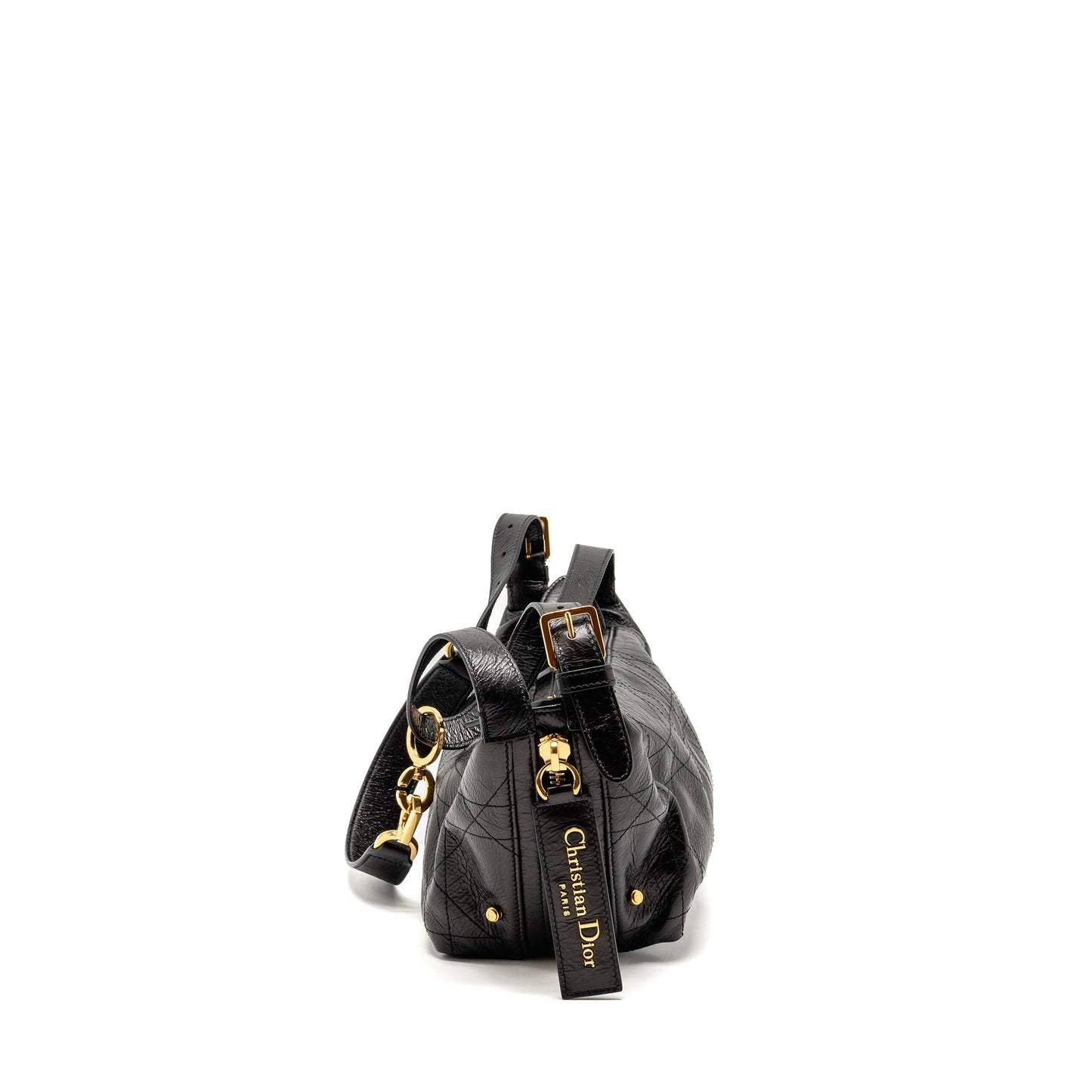 Dior D Journey Purse Crinkled Calfskin Handbag Black Small Travel Bag