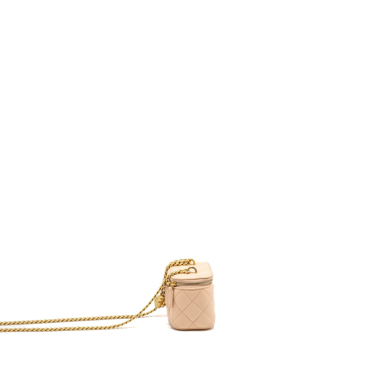 Chanel Vanity Camellia Adjustable Lambskin GHW Microchip Beige Mini Bag