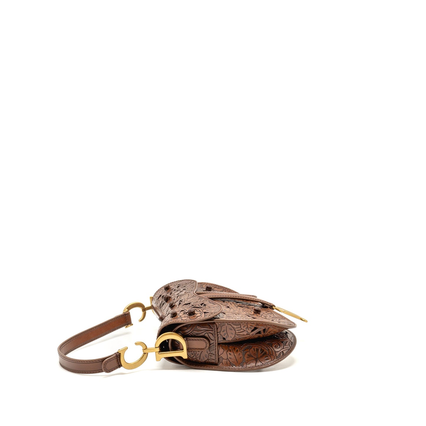 Dior Saddle Purse Laser Cut Floral Calfskin Handbag Brown Medium Travel Bag