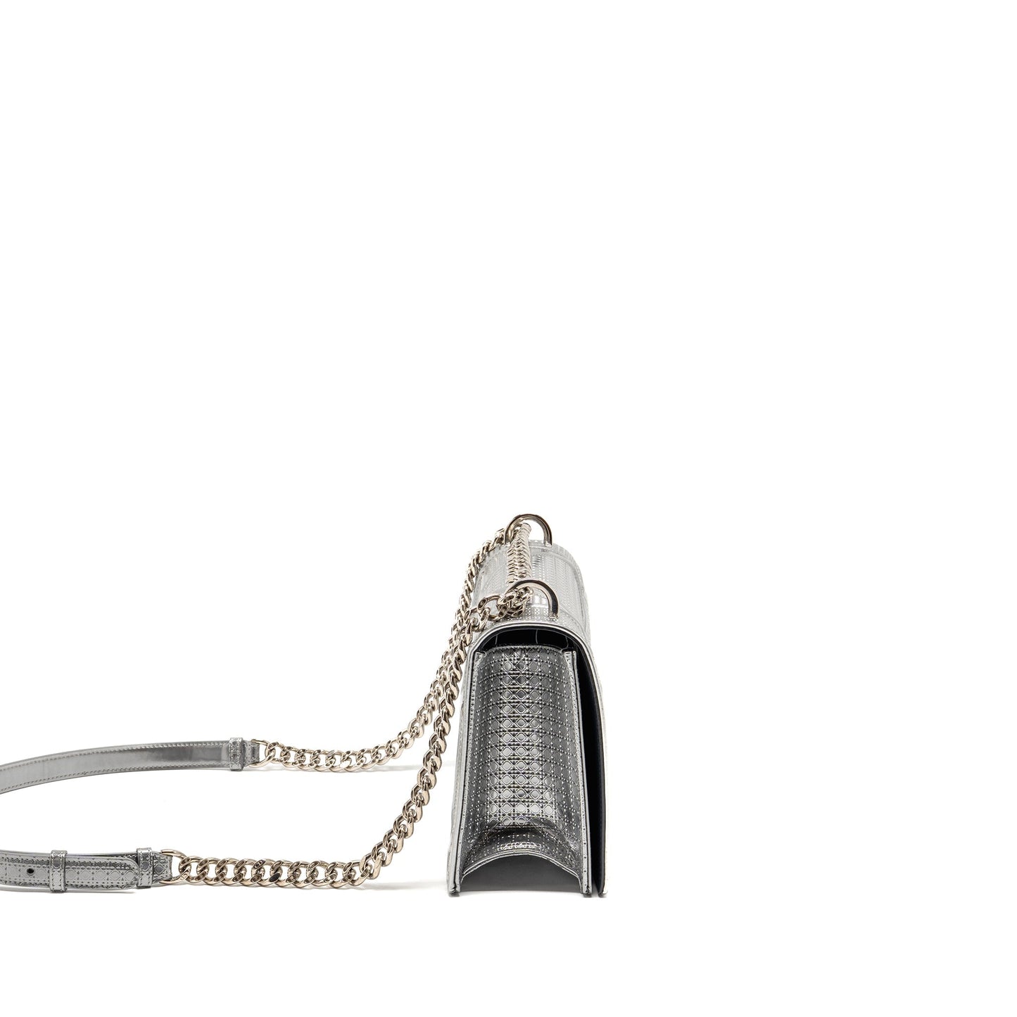 Dior ama Purse Patent Micro Cannage Metallic Handbag Leather Silver Travel Bag