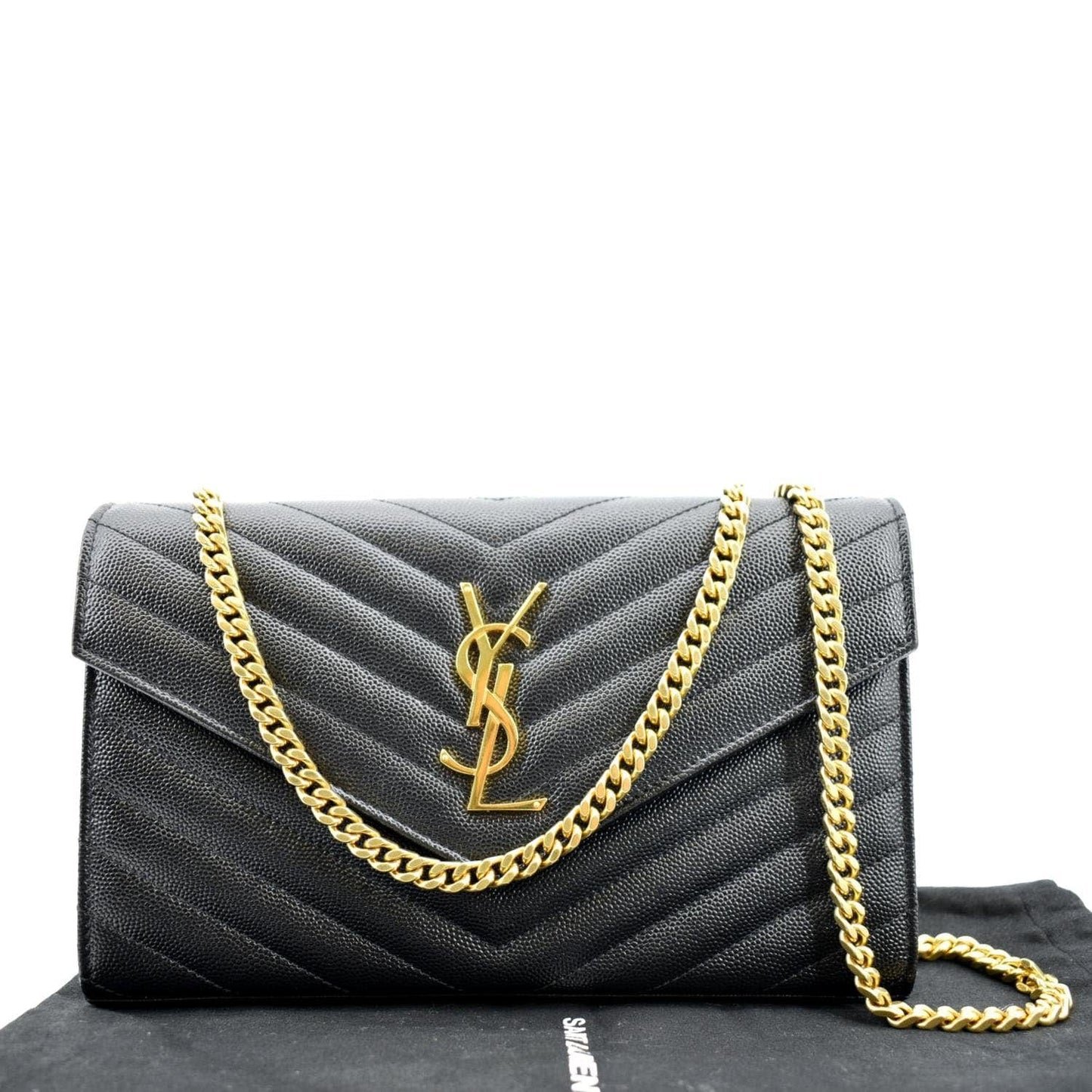YSL Saint Laurent Yves Envelope Shoulder Bag Leather Black Chain