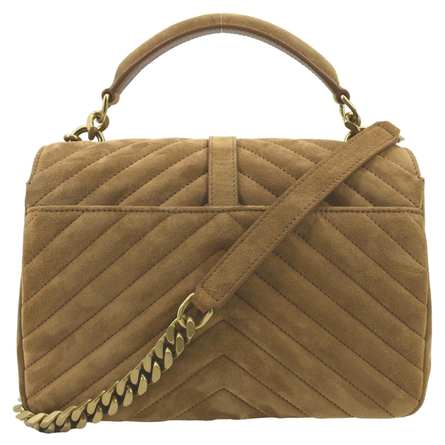YSL Saint Laurent Yves College Chevron Shoulder Bag Camel Suede Chain