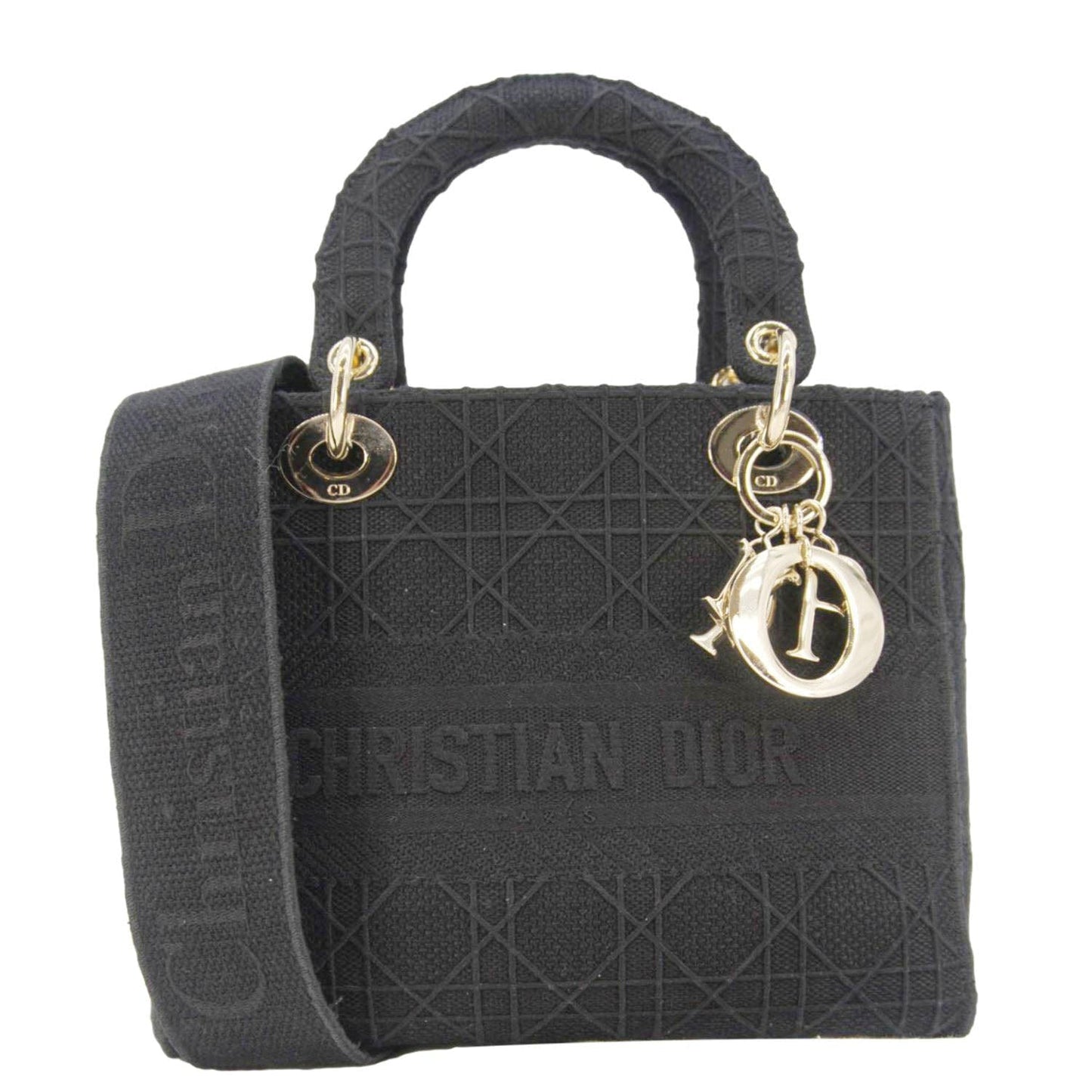 Dior Shoulder Bag Lady D-Lite Canvas Black Embroidered