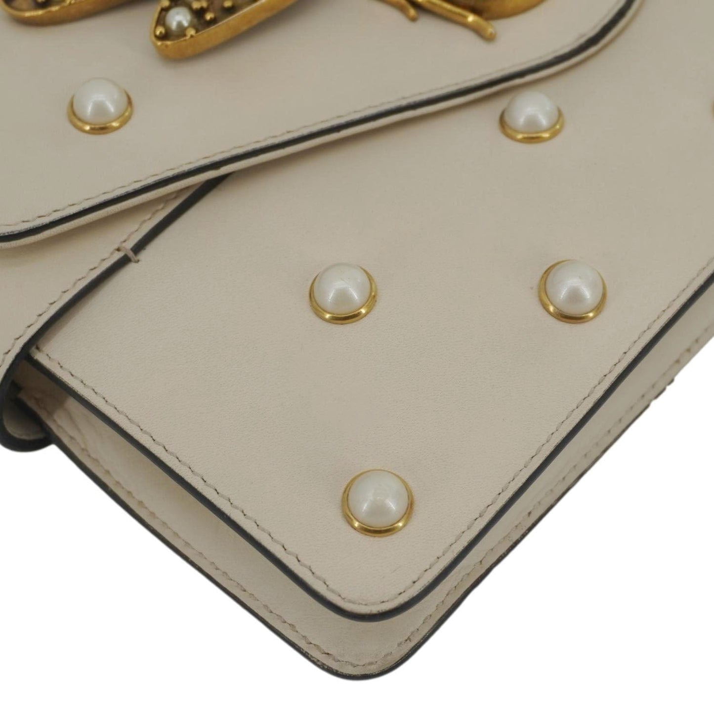 Gucci Broadway Pearl Bee Shoulder Bag Leather White Crossbody Bag