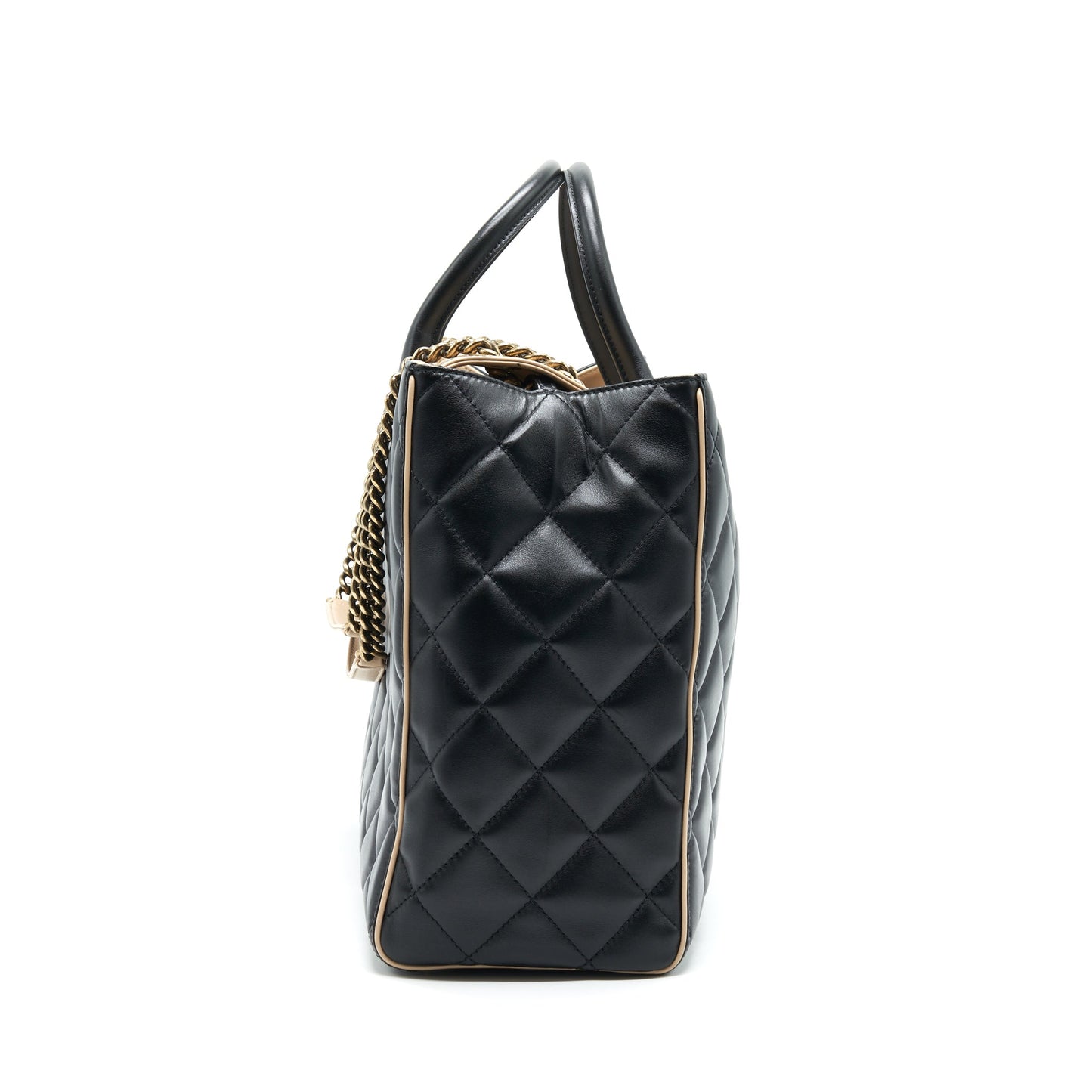 Chanel Calfskin Shopping Black Beige Leather Handbag