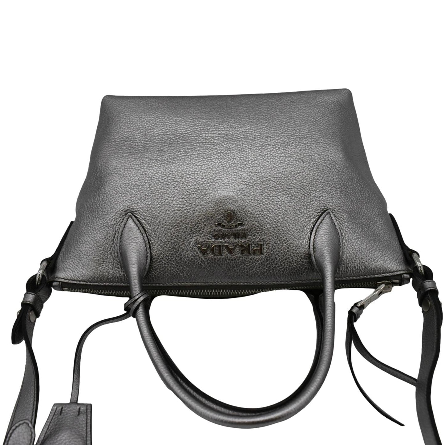 Prada Daino Tote Shoulder Bag Leather Vitello Silver