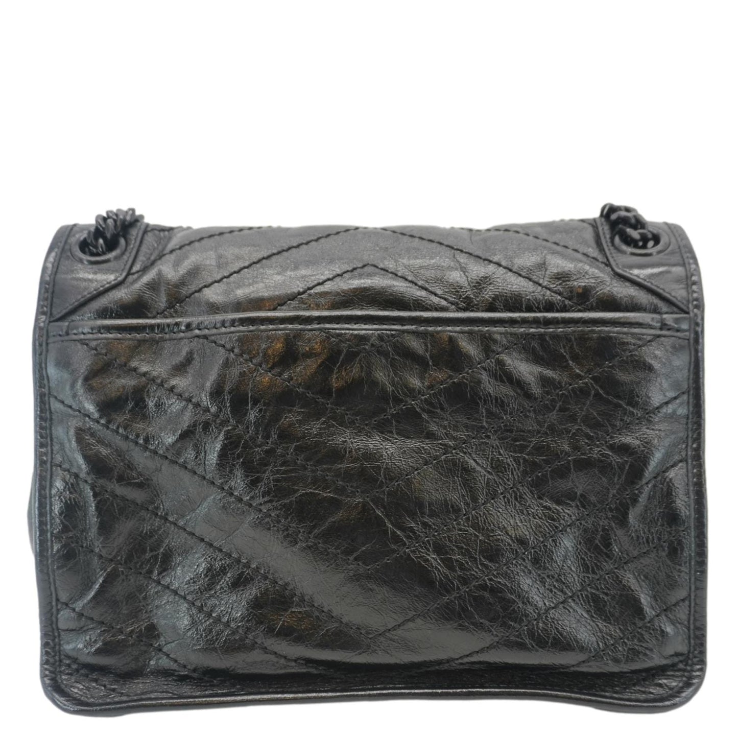 YSL Saint Laurent Yves Niki Crinkle Shoulder Bag Leather Black Baby