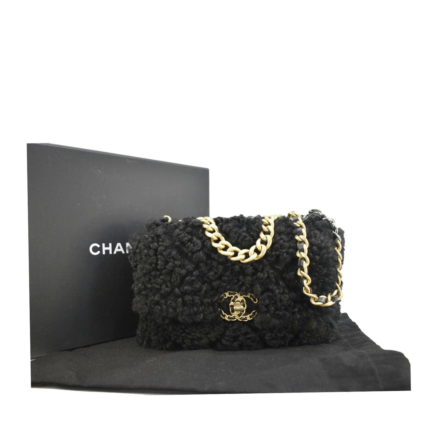 Chanel Shearling 19 Flap Sheepskin Black Travel Bag