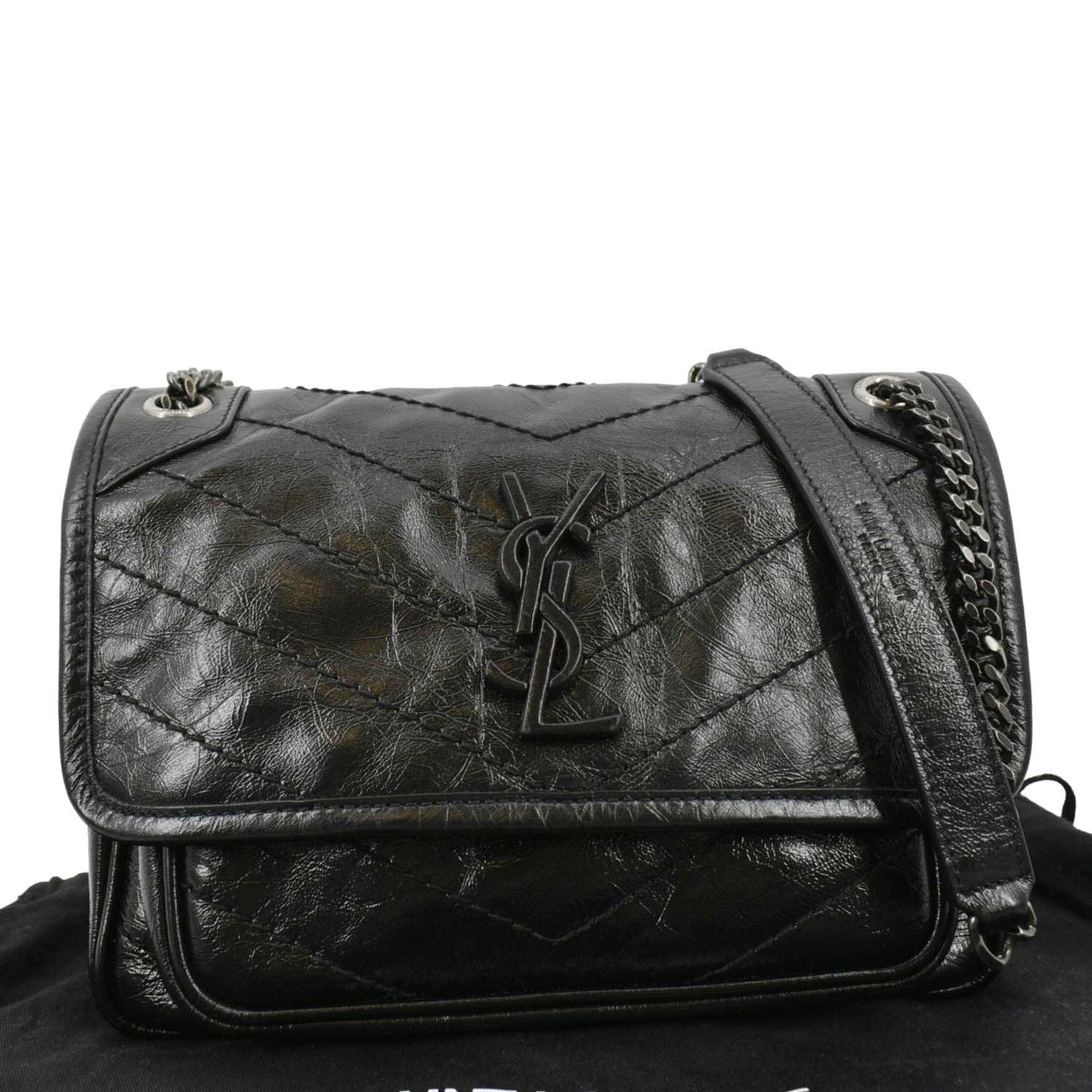 YSL Saint Laurent Yves Niki Crinkle Shoulder Bag Leather Black Baby Laurent Niki Baby