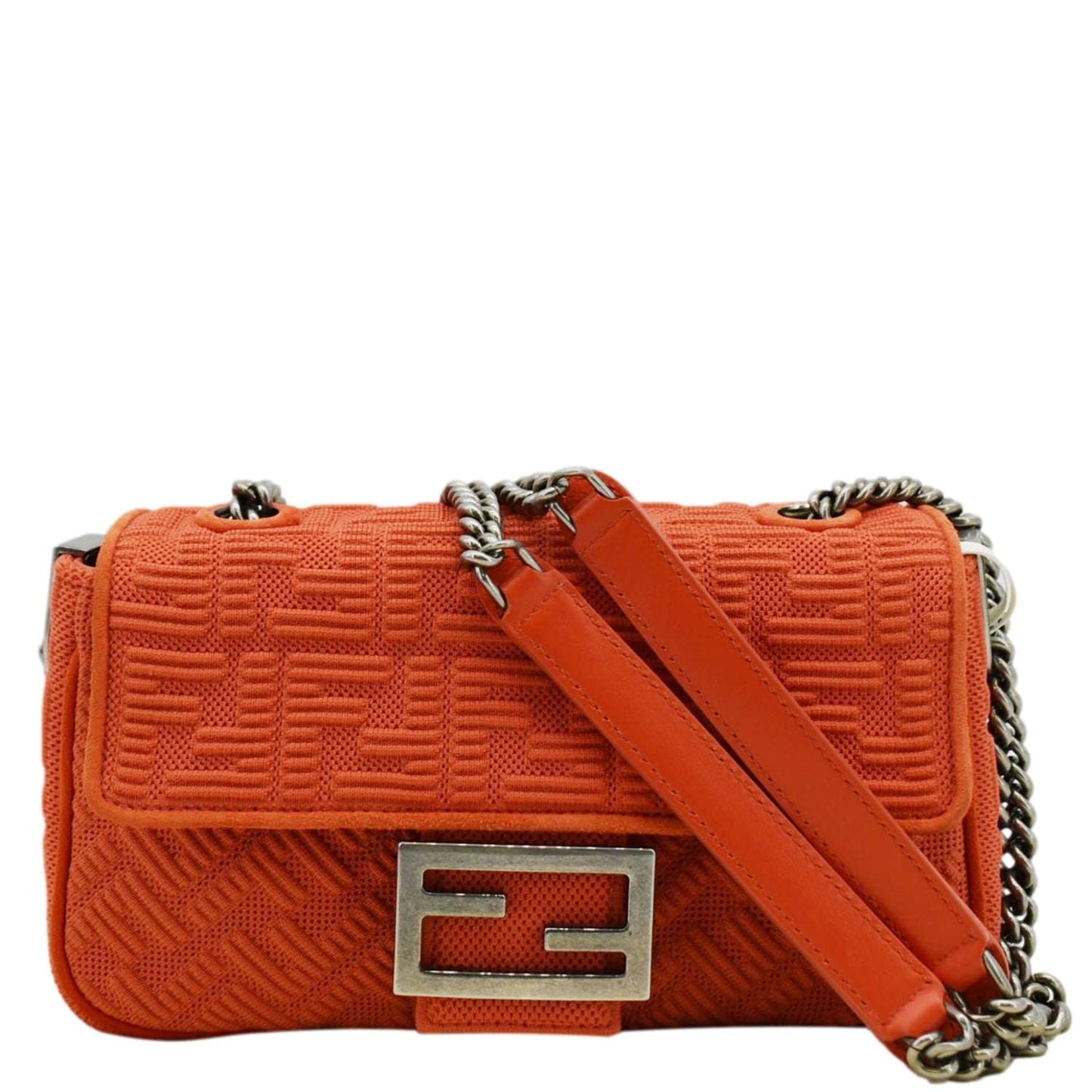 Fendi Shoulder Bag Baguette Technical Fabric FF Midi Orange Chain