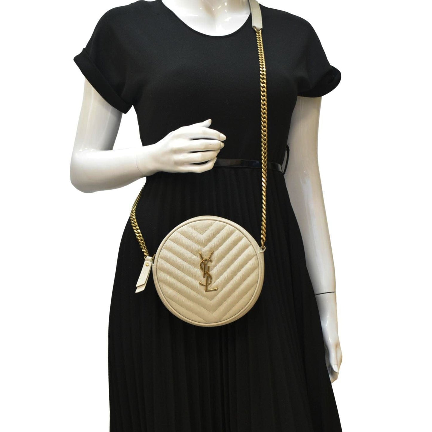 YSL Saint Laurent Saint Vinyle Round Chevron Camera Crossbody Bag Leather