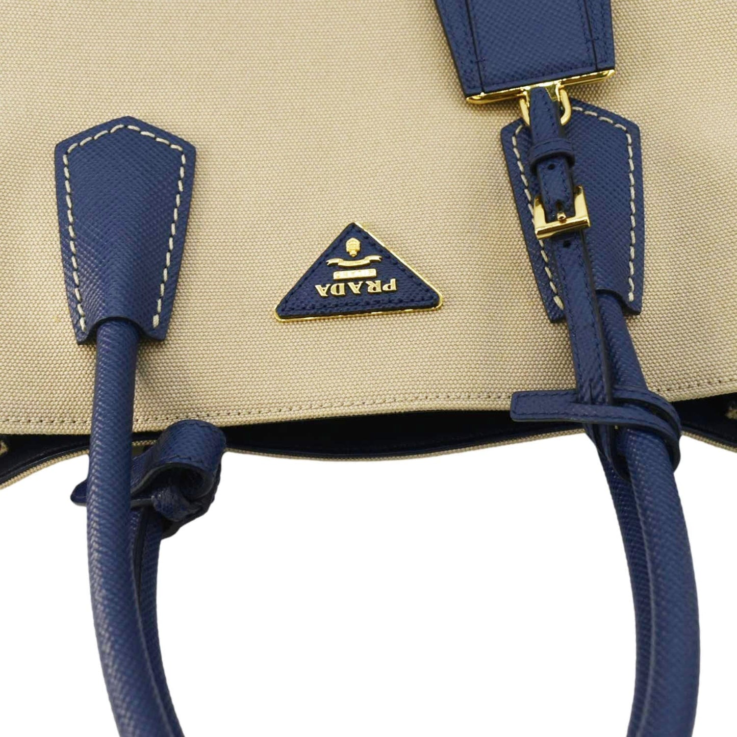 Prada Double Handle Tote Shoulder Bag Canvas Beige