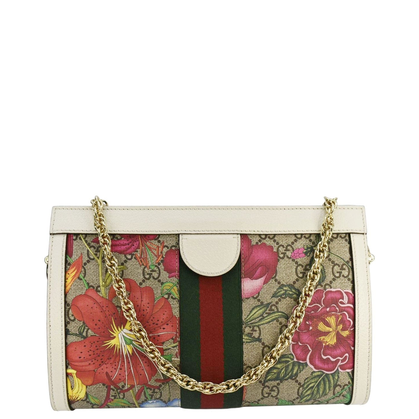 Gucci Ophidia Web Floral Chain Shoulder Bag Canvas Beige