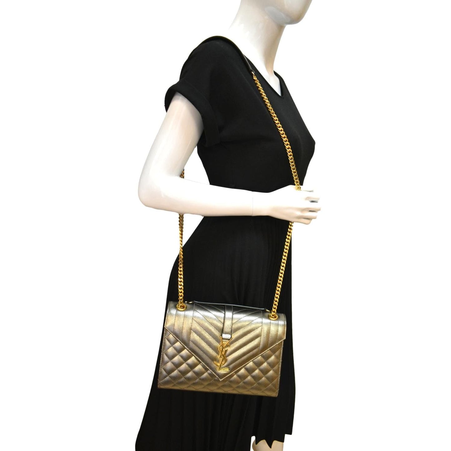 YSL Saint Laurent Saint Envelope Shoulder Bag Metallic Leather Matelasse
