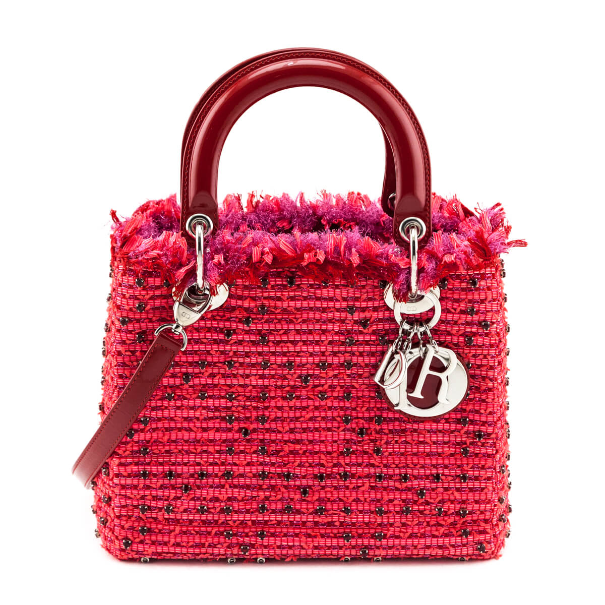Dior Handbag & Tweed Embellished Lady Bag Patent Red Pink