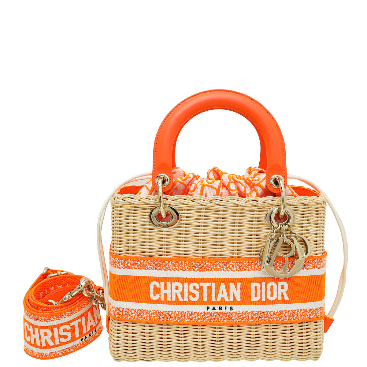 Dior Handbag Christian Lady Natural Bag Wicker Orange Medium Shoulder Bag