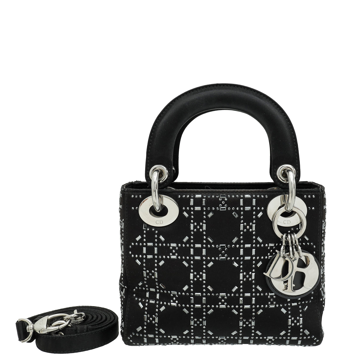 Dior Handbag Christian Lady Cannage Strass Bag Satin Black Mini Shoulder Bag