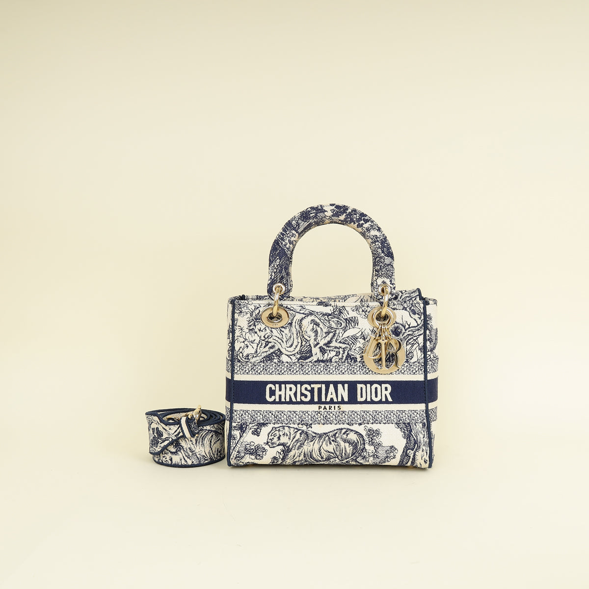 Dior Handbag Christian Bicolor Toile De Jouy Lady D-Lite Medium Shoulder Bag