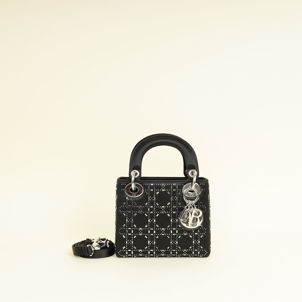Dior Handbag Christian Strass Cannage Lady Bag Satin Black Mini Shoulder Bag