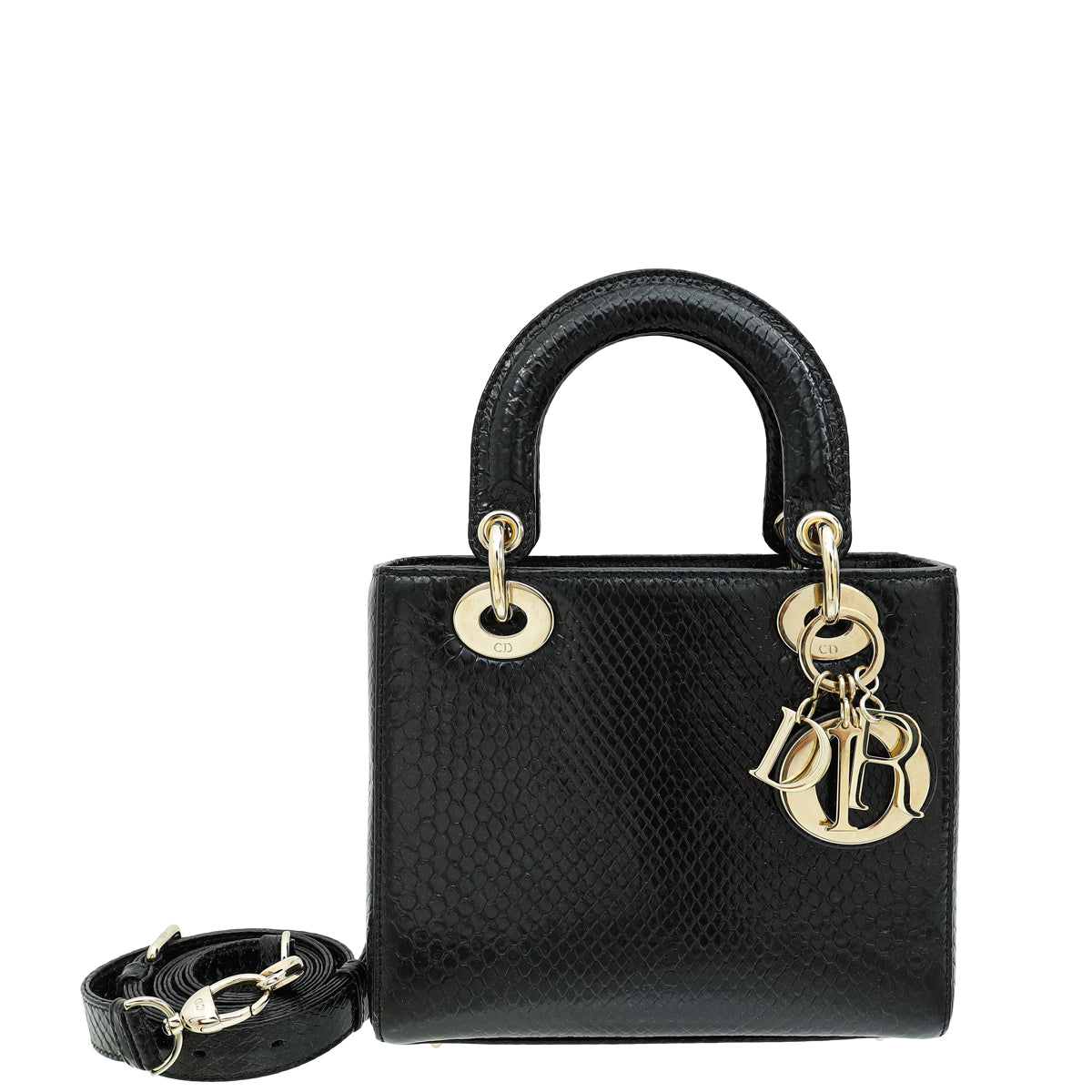 Dior Handbag Christian Shiny Snakeskin Lady Bag Black Small Shoulder Bag