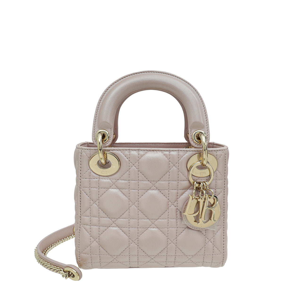 Dior Handbag Christian Metallic Pearly Cannage Lady Bag Pink Mini Chain Shoulder Bag