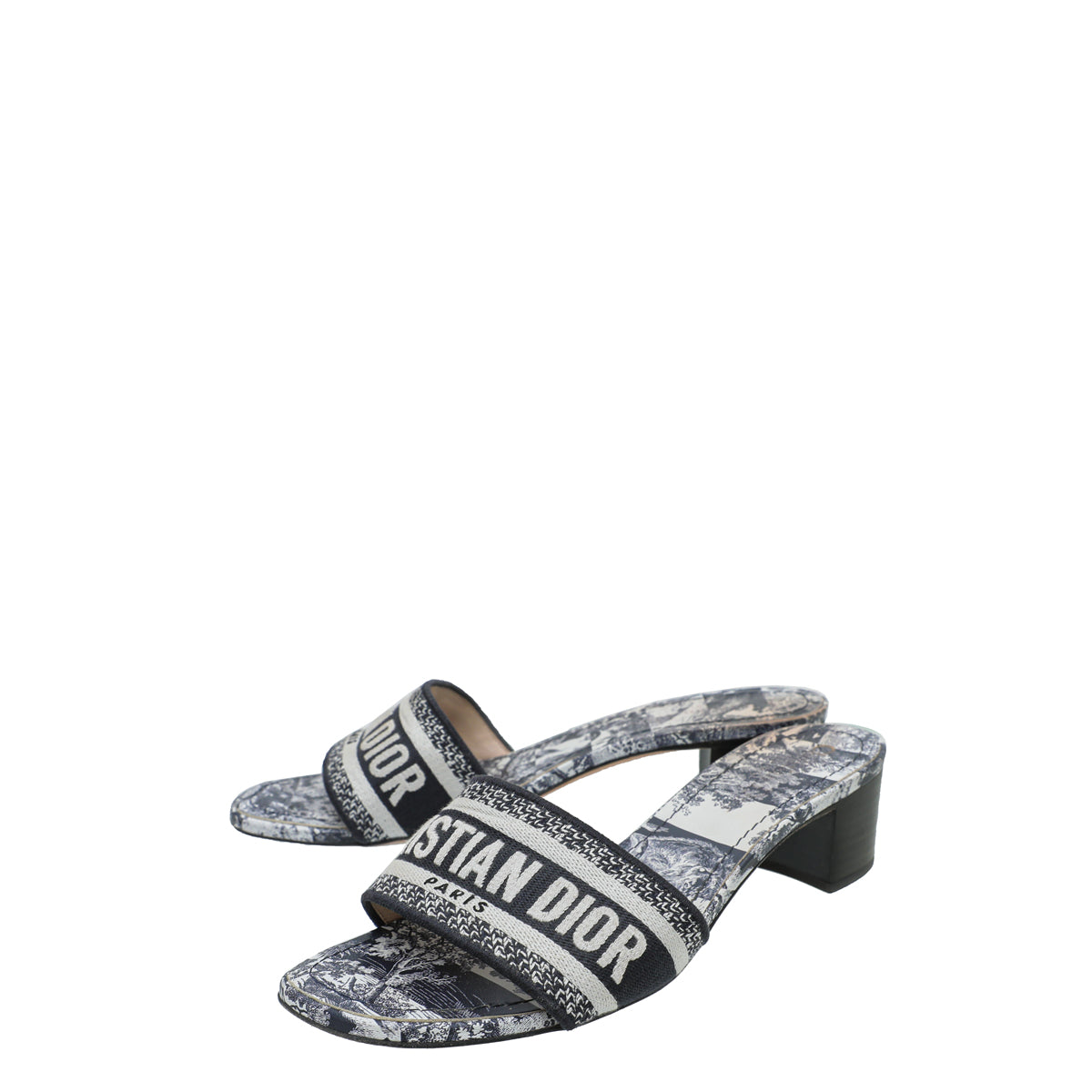 Dior Shoe Christian Dway Toile De Jouy Mules 39 Blue Navy Embroidered Shoes
