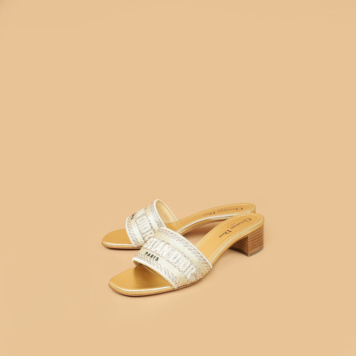 Dior Shoe Christian Metallic Strass Dway Heeled Slide Sandals Gold Shoes