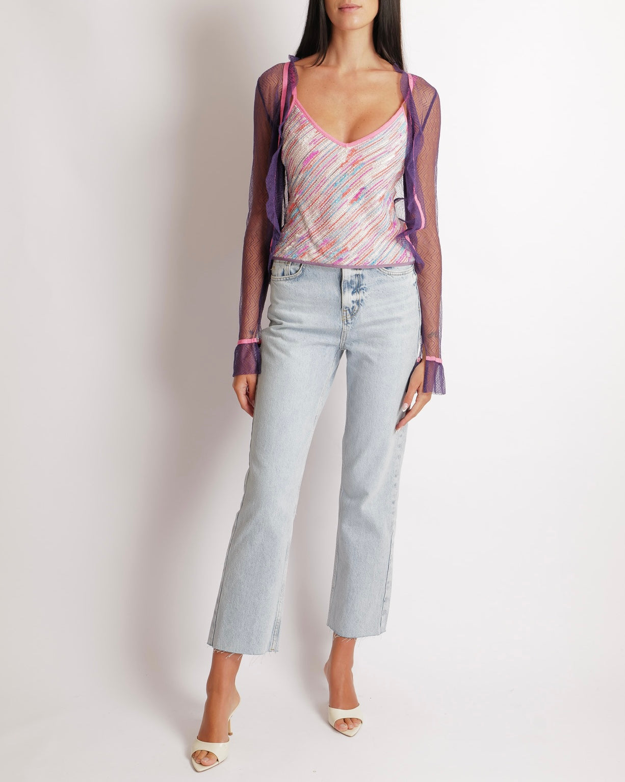 Chanel 03C Purple Lace Gilet and Multi-Colour Top Set with Pink Trims and See-Through Back Detail Size FR 38 (UK 10)