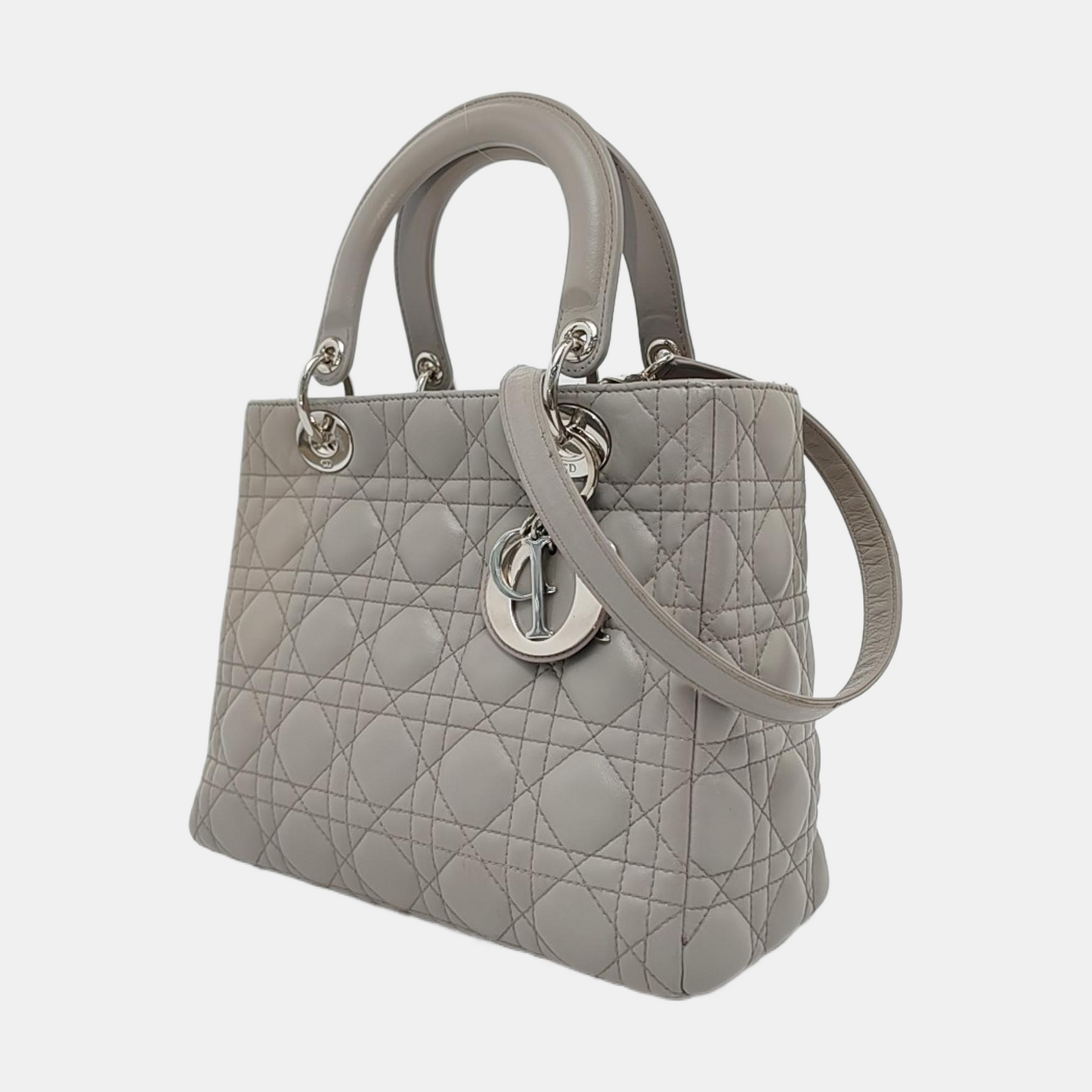 Dior Lady Grey Lambskin Hardware Strap Handbag Leather Silver Travel Bag