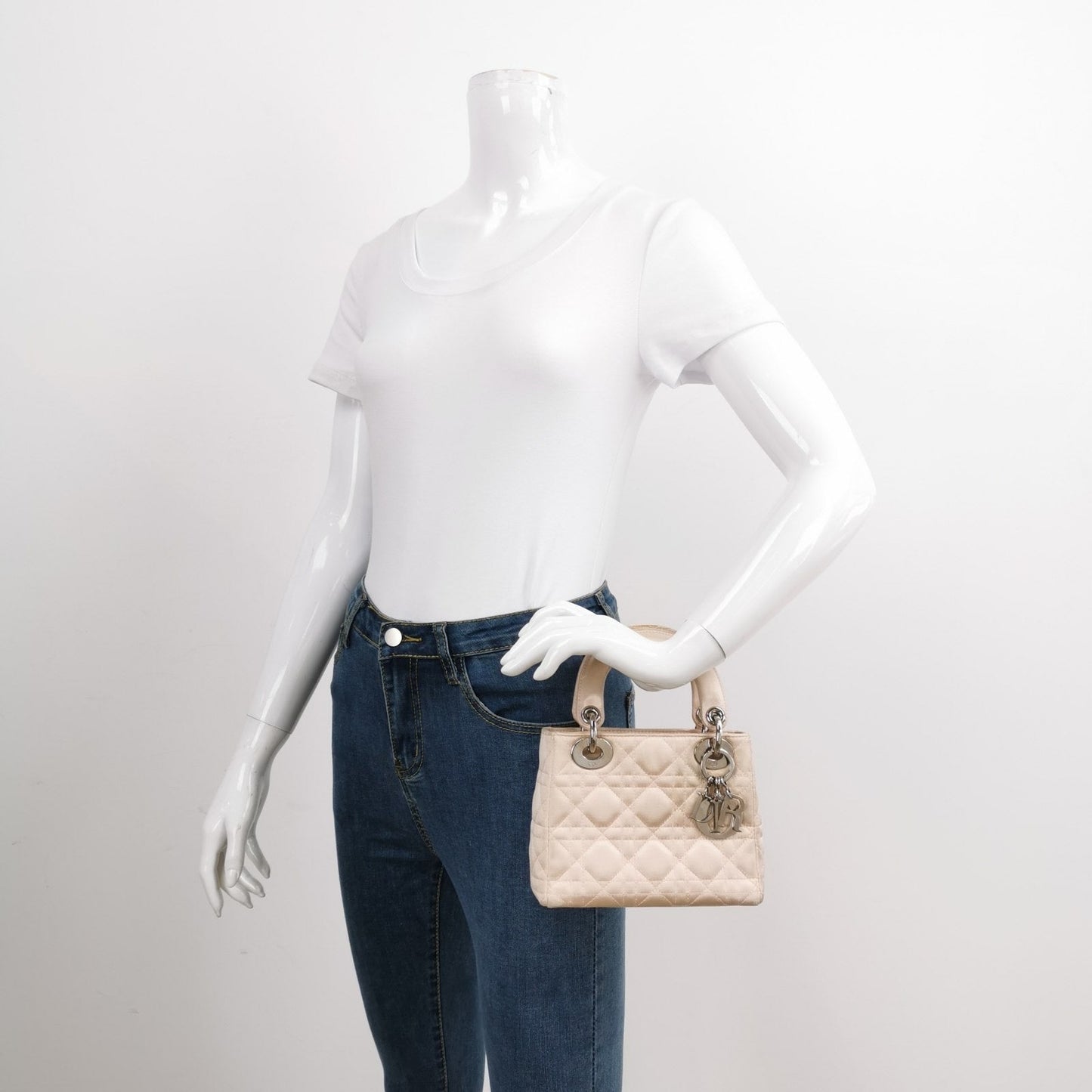 Dior Lady Silk Handbag Hardware Beige Silver Travel Bag