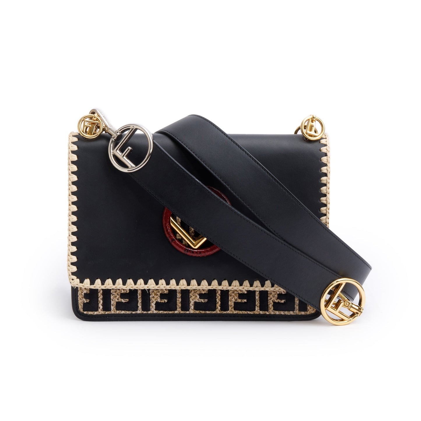 Fendi Calfskin Snakeskin Ff Embroidered Medium Is Kan Leather Raffia Shoulder Bag