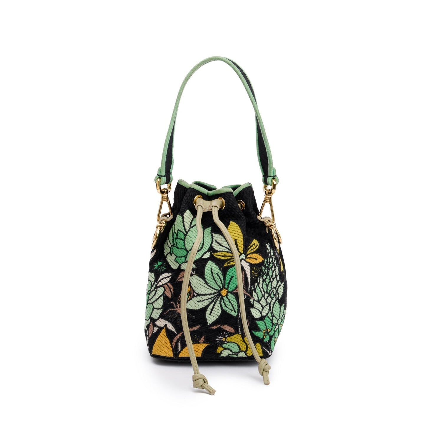 Fendi Green Floral Embroidered Psychedelic Mini Mon Tresor Canvas Black Bucket Bag